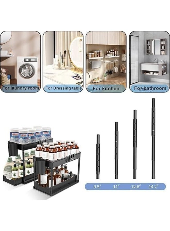 Under Sink Organizers and Storage 2 Tier Adjustable Height Cabinet Organizer and Kitchen Organization with Sliding Drawers, 2 Hanging Cup and 8 Hooks -Bathroom Organizer Under sink Black