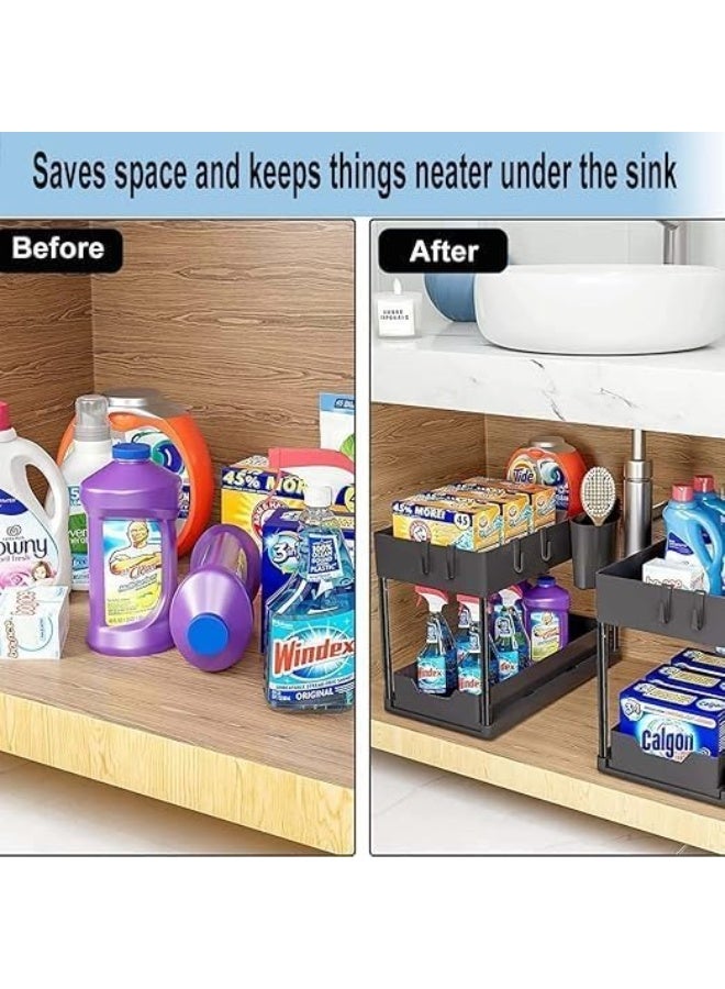 Under Sink Organizers and Storage 2 Tier Adjustable Height Cabinet Organizer and Kitchen Organization with Sliding Drawers, 2 Hanging Cup and 8 Hooks -Bathroom Organizer Under sink Black
