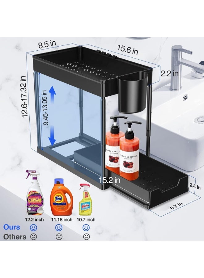 Under Sink Organizers and Storage 2 Tier Adjustable Height Cabinet Organizer and Kitchen Organization with Sliding Drawers, 2 Hanging Cup and 8 Hooks -Bathroom Organizer Under sink Black