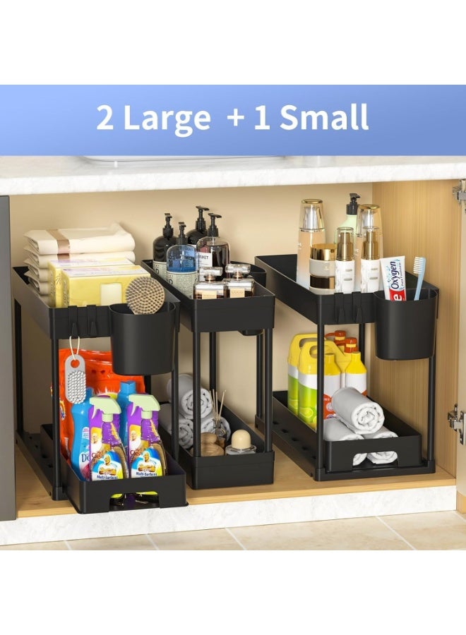 Under Sink Organizers and Storage 2 Tier Adjustable Height Cabinet Organizer and Kitchen Organization with Sliding Drawers, 2 Hanging Cup and 8 Hooks -Bathroom Organizer Under sink Black