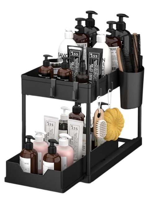 Under Sink Organizers and Storage 2 Tier Adjustable Height Cabinet Organizer and Kitchen Organization with Sliding Drawers, 2 Hanging Cup and 8 Hooks -Bathroom Organizer Under sink Black