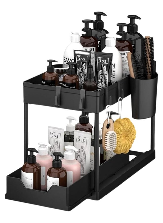 Under Sink Organizers and Storage 2 Tier Adjustable Height Cabinet Organizer and Kitchen Organization with Sliding Drawers, 2 Hanging Cup and 8 Hooks -Bathroom Organizer Under sink Black