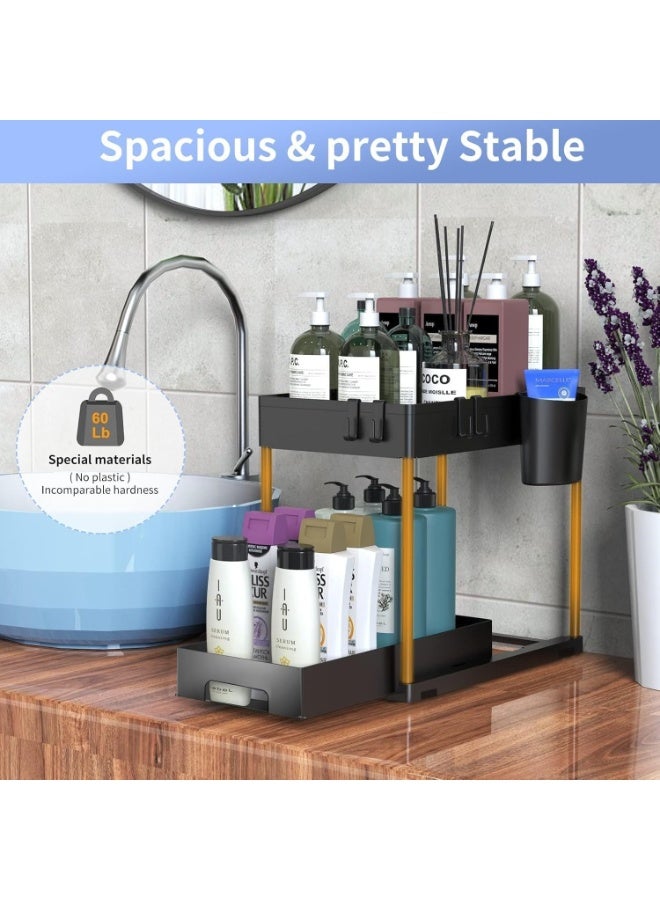 Under Sink Organizers and Storage 2 Tier Adjustable Height Cabinet Organizer and Kitchen Organization with Sliding Drawers, 2 Hanging Cup and 8 Hooks -Bathroom Organizer Under sink Black