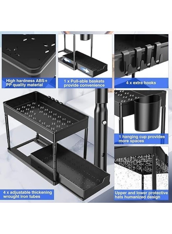 Under Sink Organizers and Storage 2 Tier Adjustable Height Cabinet Organizer and Kitchen Organization with Sliding Drawers, 2 Hanging Cup and 8 Hooks -Bathroom Organizer Under sink Black