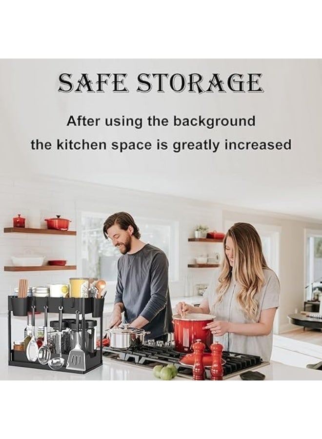 Under Sink Organizers and Storage 2 Tier Adjustable Height Cabinet Organizer and Kitchen Organization with Sliding Drawers, 2 Hanging Cup and 8 Hooks -Bathroom Organizer Under sink Black
