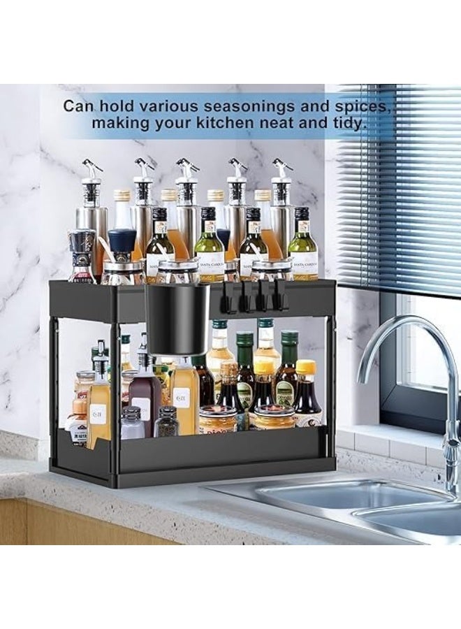 Under Sink Organizers and Storage 2 Tier Adjustable Height Cabinet Organizer and Kitchen Organization with Sliding Drawers, 2 Hanging Cup and 8 Hooks -Bathroom Organizer Under sink Black