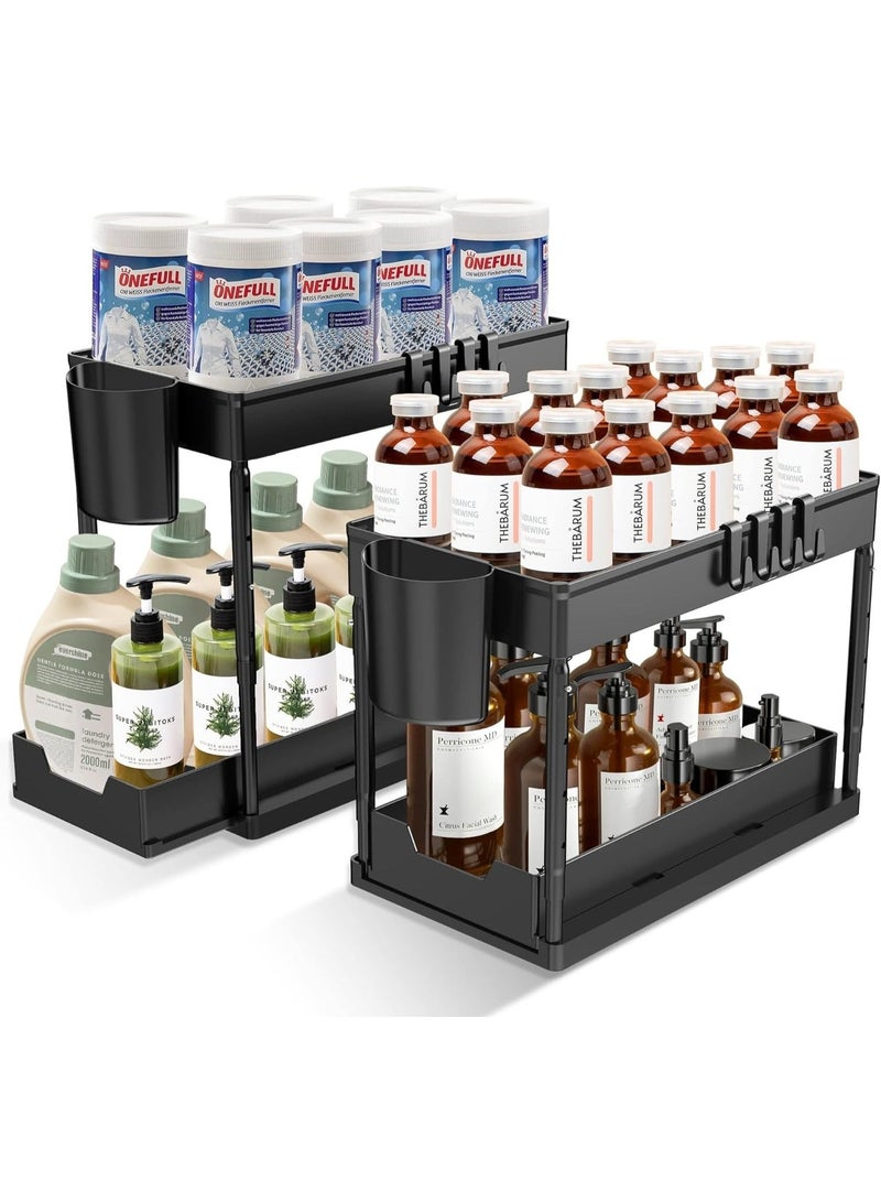 Under Sink Organizers and Storage 2 Tier Adjustable Height Cabinet Organizer and Kitchen Organization with Sliding Drawers, 2 Hanging Cup and 8 Hooks -Bathroom Organizer Under sink Black