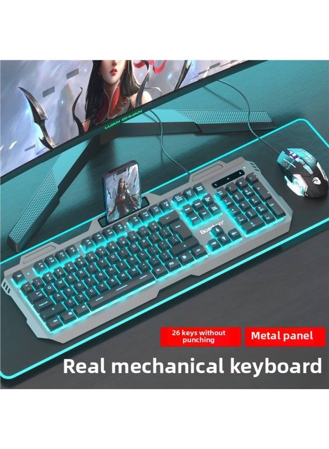Keyboard Mouse Suit Wired Suspension Key Cap Mechanical Feel Computer Desktop Notebook Backlight Game USB Connection-Color:Black Mid-plate Metal Character Ice Blue Light + 6d Mouse