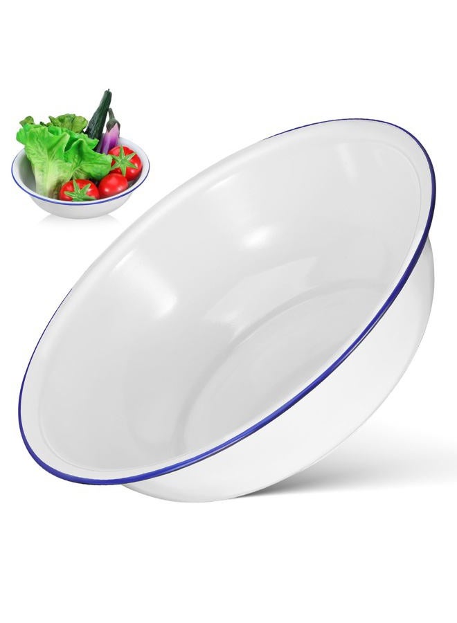 Retro Enamel Basin: Large Enamel Mixing Bowl White Enamelware with Blue Rim Vintage Enamel Basin for Fruit, Salad, Pasta,11.79 Top Diameter,3.54Height - Image 1