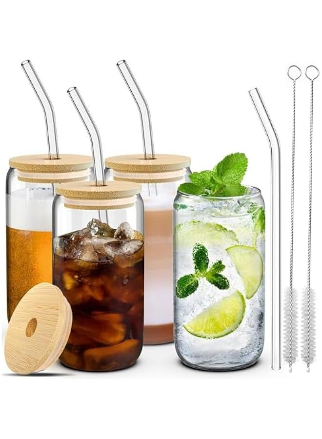 Beauenty Drinking Glasses with Bamboo Lids and Glass Straw 4pcs Set - 16oz Glass Cups, Iced Coffee Glasses, Cute iced Tea Glasses, Beer Glasses, Ideal for Coffee Bar Accessories, Aesthetic Gift -  (Pack of 4+2 Brushes） - Image 1