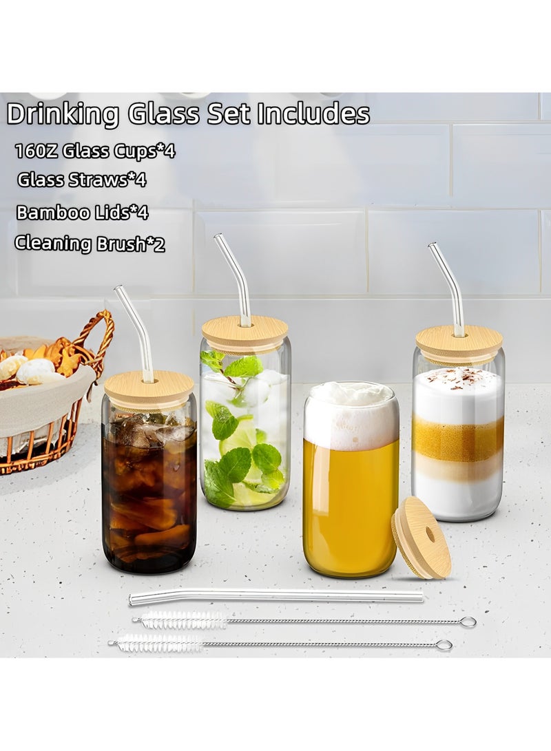 Beauenty Drinking Glasses with Bamboo Lids and Glass Straw 4pcs Set - 16oz Glass Cups, Iced Coffee Glasses, Cute iced Tea Glasses, Beer Glasses, Ideal for Coffee Bar Accessories, Aesthetic Gift -  (Pack of 4+2 Brushes） - Image 2