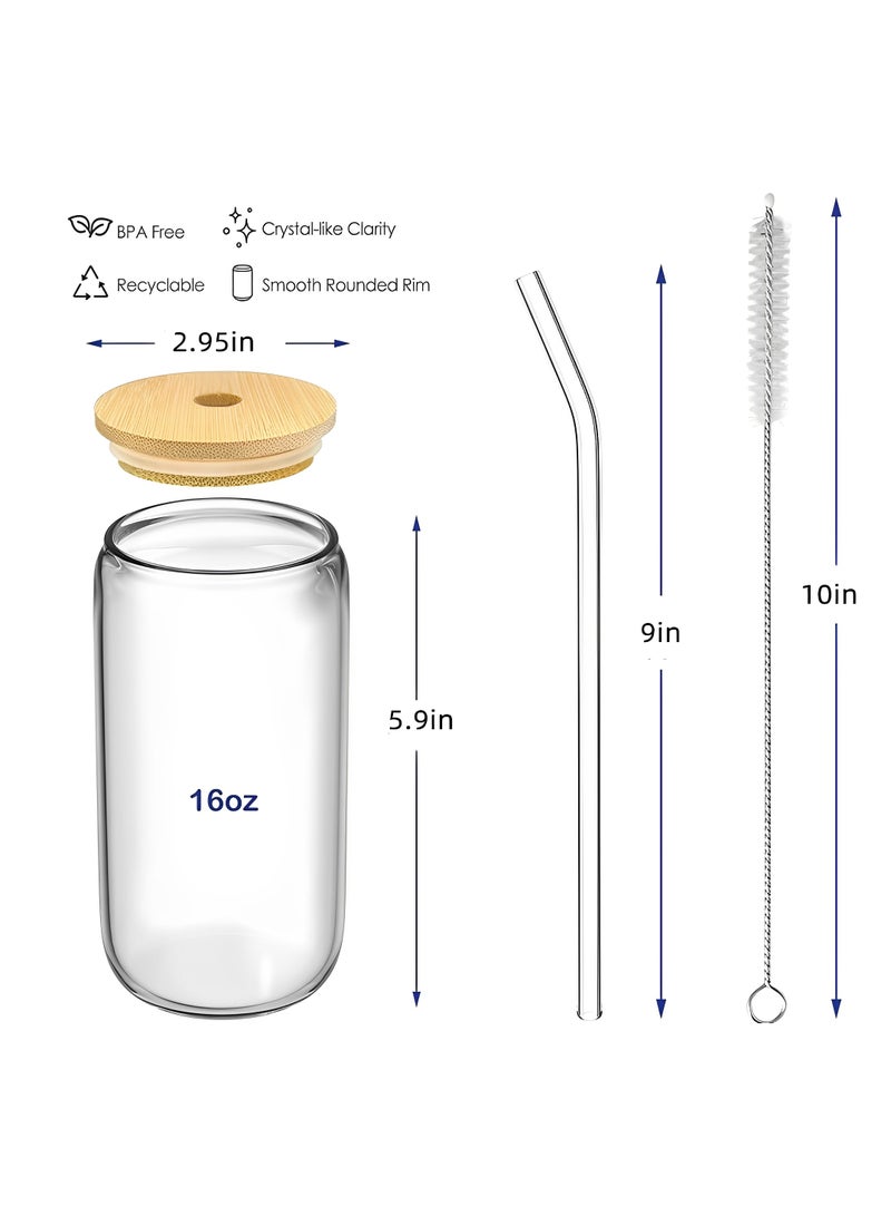 Beauenty Drinking Glasses with Bamboo Lids and Glass Straw 4pcs Set - 16oz Glass Cups, Iced Coffee Glasses, Cute iced Tea Glasses, Beer Glasses, Ideal for Coffee Bar Accessories, Aesthetic Gift -  (Pack of 4+2 Brushes） - Image 3