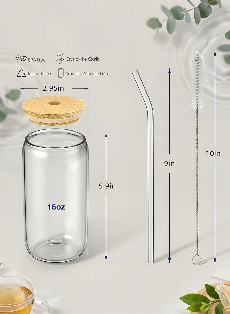 بيوينتي أكواب الشرب مع أغطية الخيزران والقش الزجاجي مجموعة 4pcs - أكواب زجاجية 16 أوقية ، أكواب القهوة المثلجة ، أكواب الشاي المثلجة الجميلة ، أكواب البيرة ، مثالية لاكسسوارات بار القهوة ، هدية جمالية - (حزمة من 4 + 2 فرشاة) - Image 3