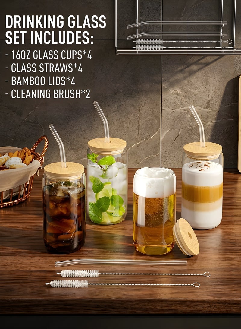 بيوينتي أكواب الشرب مع أغطية الخيزران والقش الزجاجي مجموعة 4pcs - أكواب زجاجية 16 أوقية ، أكواب القهوة المثلجة ، أكواب الشاي المثلجة الجميلة ، أكواب البيرة ، مثالية لاكسسوارات بار القهوة ، هدية جمالية - (حزمة من 4 + 2 فرشاة) - Image 2