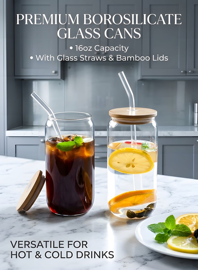 بيوينتي أكواب الشرب مع أغطية الخيزران والقش الزجاجي مجموعة 4pcs - أكواب زجاجية 16 أوقية ، أكواب القهوة المثلجة ، أكواب الشاي المثلجة الجميلة ، أكواب البيرة ، مثالية لاكسسوارات بار القهوة ، هدية جمالية - (حزمة من 4 + 2 فرشاة) - Image 4