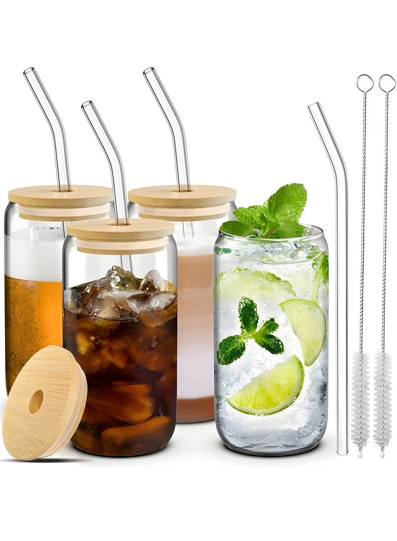 Beauenty Drinking Glasses with Bamboo Lids and Glass Straw 4pcs Set - 16oz Glass Cups, Iced Coffee Glasses, Cute iced Tea Glasses, Beer Glasses, Ideal for Coffee Bar Accessories, Aesthetic Gift -  (Pack of 4+2 Brushes） - Image 1