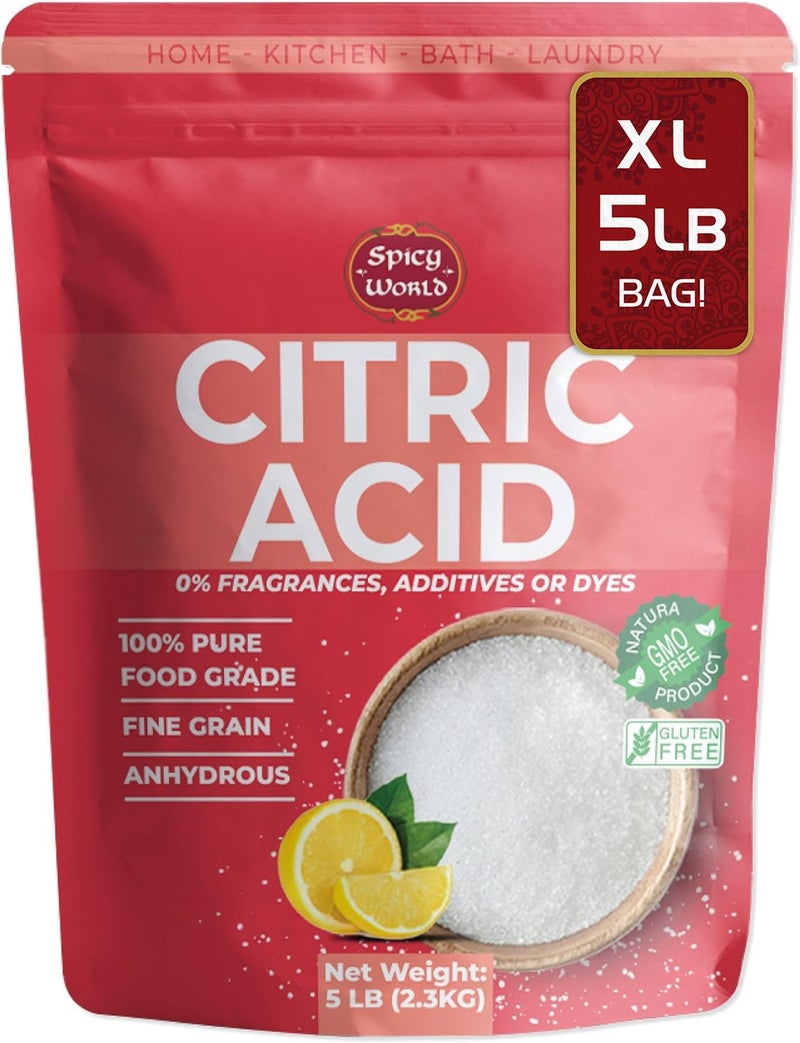 Spicy World Pure Citric Acid 5 LB Bulk Bag 100 Natural Food Grade NonGMO Citric Acid Powder for Cleaning Bath Bombs Preserving Fine Granular Premium Quality by Spicy World