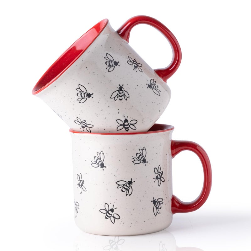 AmorArc 22 OZ Large Ceramic Coffee Mugs, Oversized Soup Cups With Big Handle for Men Women Dad Mom, Big Mug With Textured Bees Patterns for Office & Home -Microwave Safe, 2 Pcs-Red - Image 1