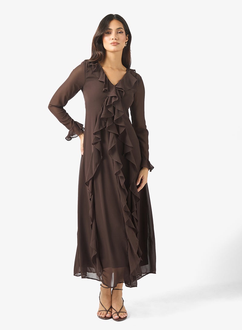 فيرو مودا فستان طويل بأكمام طويلة وكشكشة للكاحل - Image 4