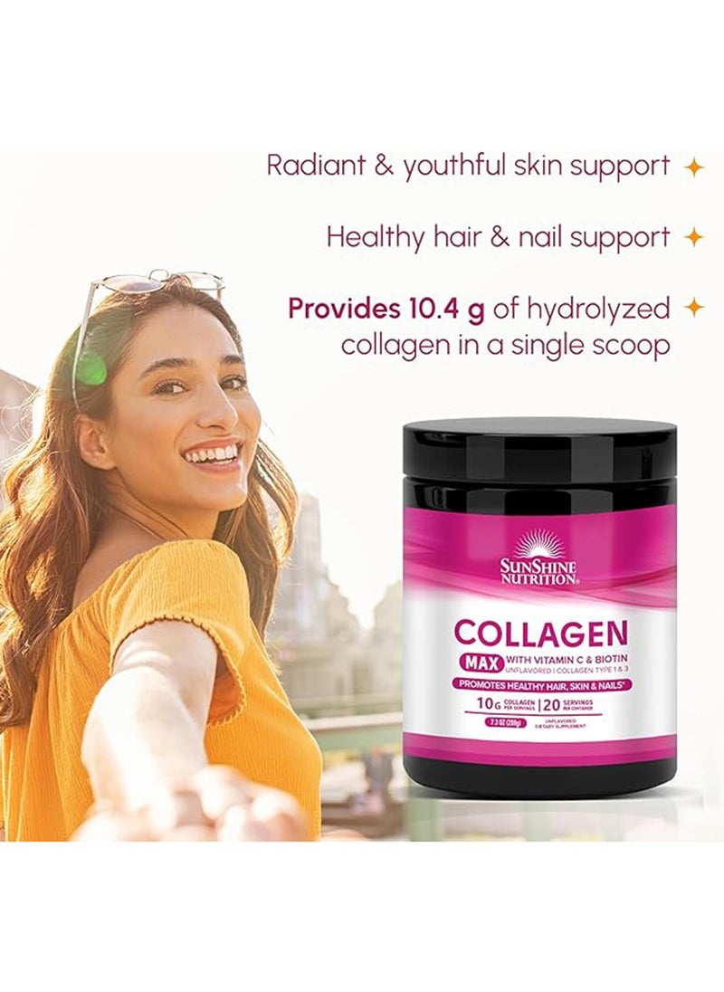 SUNSHINE NUTRITION Collagen Max Infused With Vitamin C And Biotin Dietary Supplement Unflavoured Collagen Type 1 And 3 Promotes Healthy Hair, Skin And Nails 10G Collagen 20 Servings 208G  - Image 2