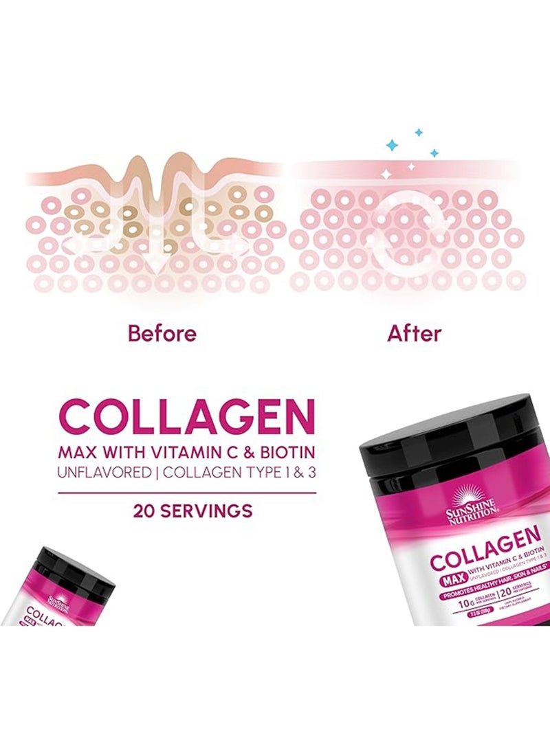 SUNSHINE NUTRITION Collagen Max Infused With Vitamin C And Biotin Dietary Supplement Unflavoured Collagen Type 1 And 3 Promotes Healthy Hair, Skin And Nails 10G Collagen 20 Servings 208G  - Image 3