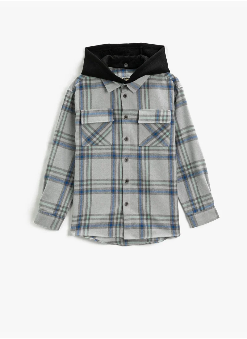 كوتون Hooded Plaid Shirt Double Flap Pocket Soft Touch