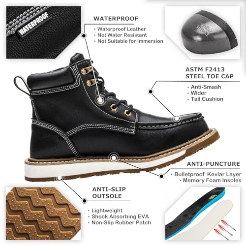 KELODON Waterproof Steel Toe Boots For Men-6" Leather Moc Toe Winter Warm Work Boots Mens Steel Toe Shoes Indestructible Non Slip Resistant Construction Safety Boot,Black,size 10.5 Men - Image 2
