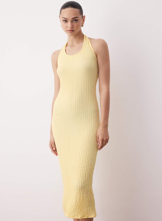 trendyol Yellow Textured Halter Bodycone/Fitted Stretchy Maxi Knitted Dress - Image 2
