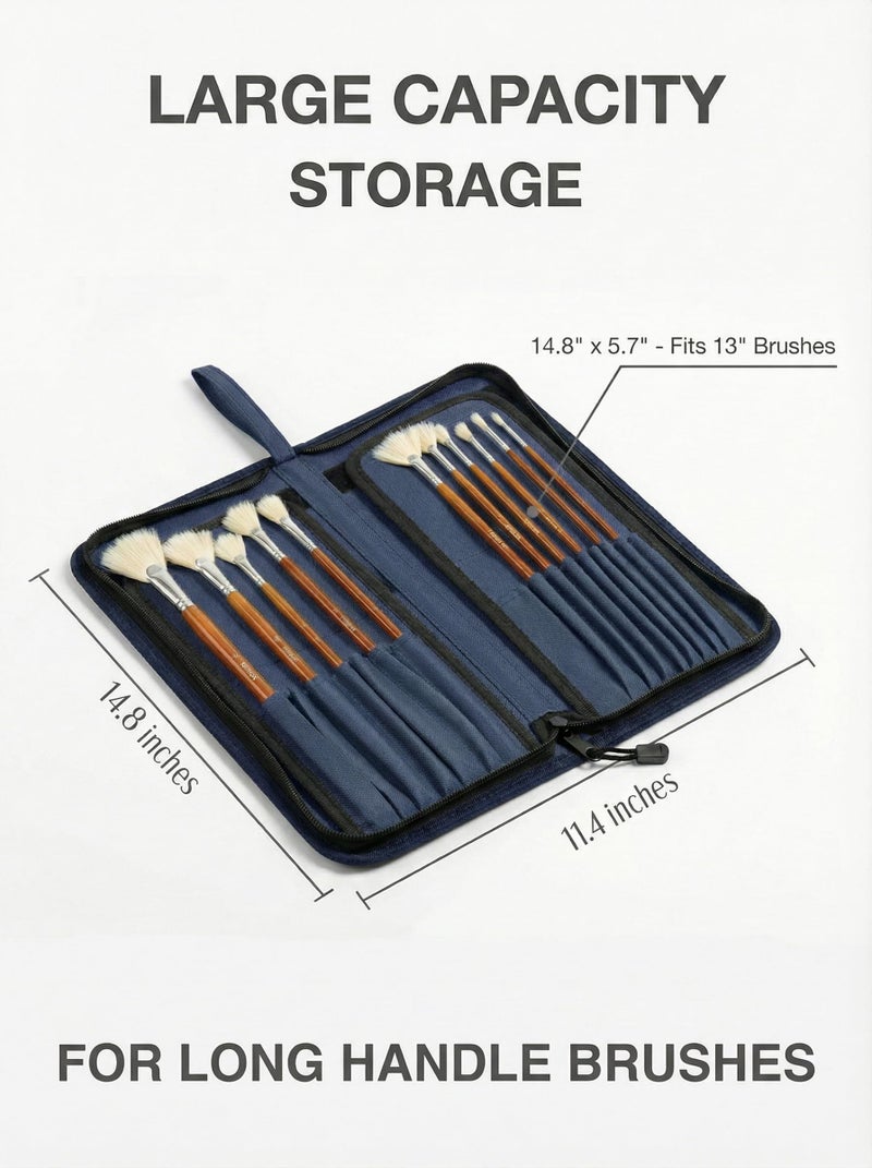 DUGATO Long Canvas Paint Brush Holder Zippered 5.7x14.8 inches, Premium Art Case for Brushes Long Handle up to 13" Length, 15 Slots Storage for Artist (Brush Not Included) - Blue - Image 2