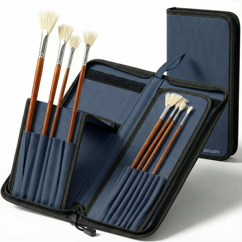 DUGATO Long Canvas Paint Brush Holder Zippered 5.7x14.8 inches, Premium Art Case for Brushes Long Handle up to 13" Length, 15 Slots Storage for Artist (Brush Not Included) - Blue - Image 1