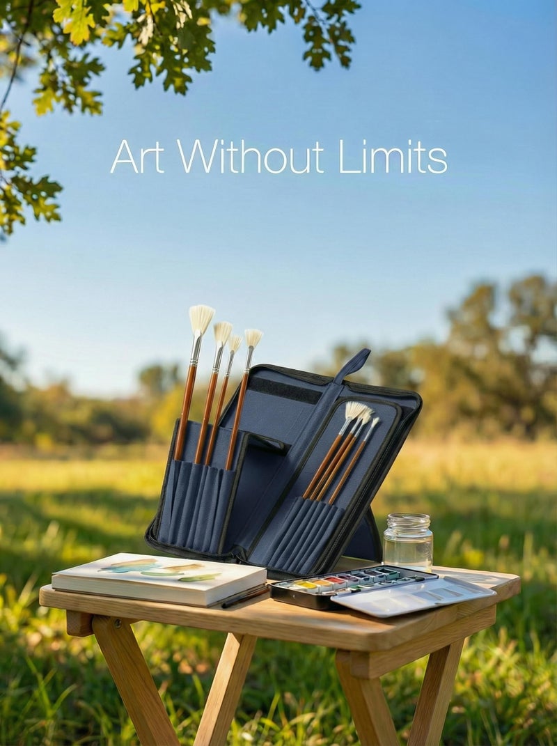 DUGATO Long Canvas Paint Brush Holder Zippered 5.7x14.8 inches, Premium Art Case for Brushes Long Handle up to 13" Length, 15 Slots Storage for Artist (Brush Not Included) - Blue - Image 5