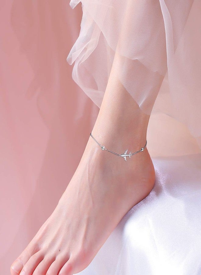 FLYOW Airplane Anklet for Women S925 Sterling Silver Adjustable 9 10 inches Foot Beaded Charm Ankle Bracelet Anklets Jewelry (Anklet) - Image 2