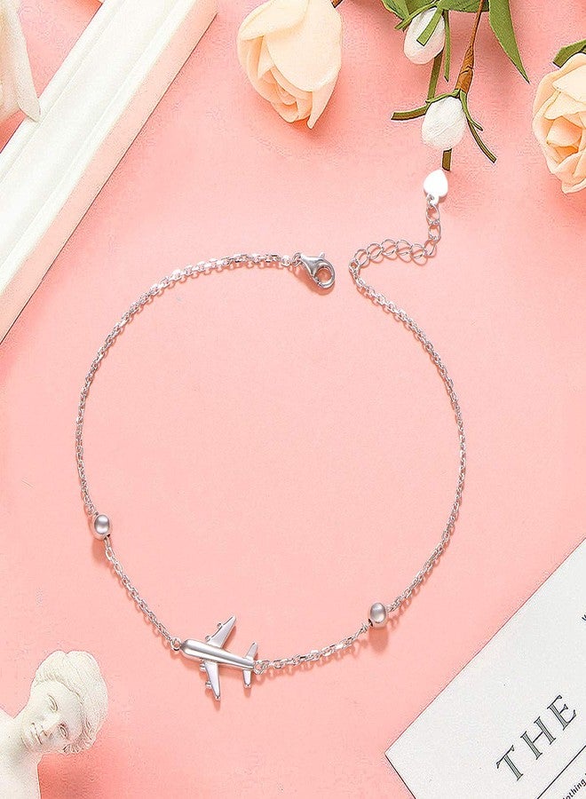 FLYOW Airplane Anklet for Women S925 Sterling Silver Adjustable 9 10 inches Foot Beaded Charm Ankle Bracelet Anklets Jewelry (Anklet) - Image 3