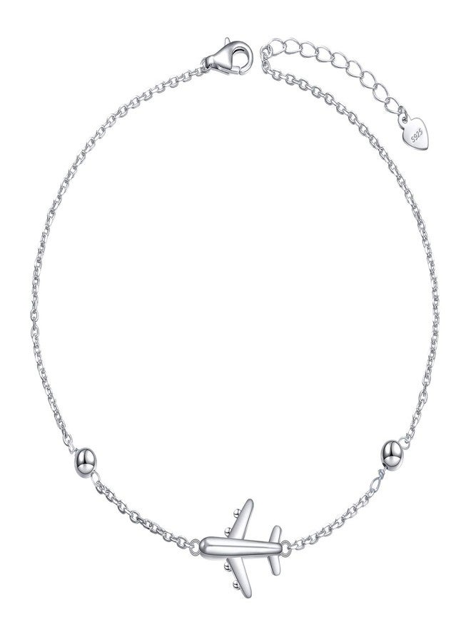 FLYOW Airplane Anklet for Women S925 Sterling Silver Adjustable 9 10 inches Foot Beaded Charm Ankle Bracelet Anklets Jewelry (Anklet) - Image 1
