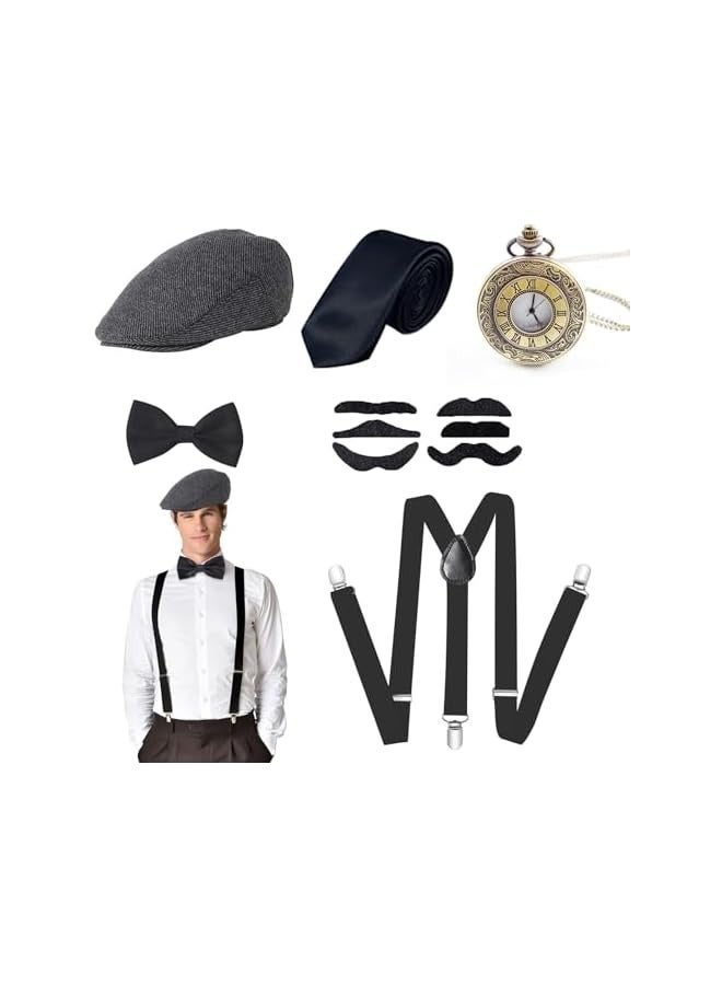 بروماس مجموعة إكسسوارات تنكرية رائعة للرجال من العشرينيات من القرن الماضي، مجموعة أزياء العصابات مجموعة أزياء رجالية قديمة مع قبعة بنما، وحمالات مرنة، وربطة عنق كلاسيكية، وساعة جيب، وشوارب - Image 1