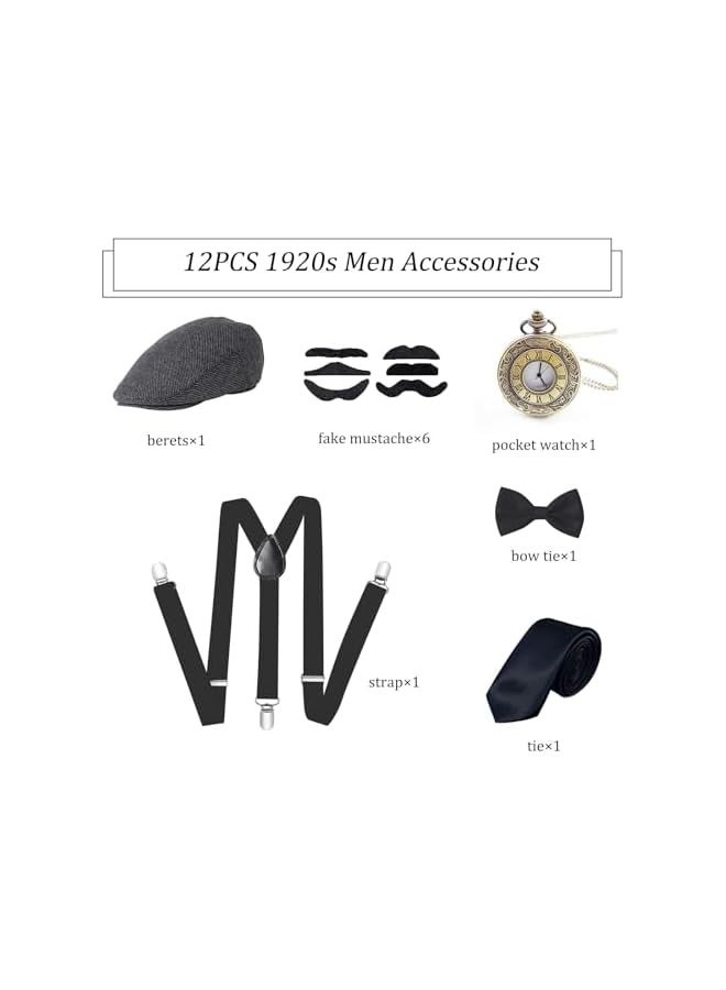 بروماس مجموعة إكسسوارات تنكرية رائعة للرجال من العشرينيات من القرن الماضي، مجموعة أزياء العصابات مجموعة أزياء رجالية قديمة مع قبعة بنما، وحمالات مرنة، وربطة عنق كلاسيكية، وساعة جيب، وشوارب - Image 3