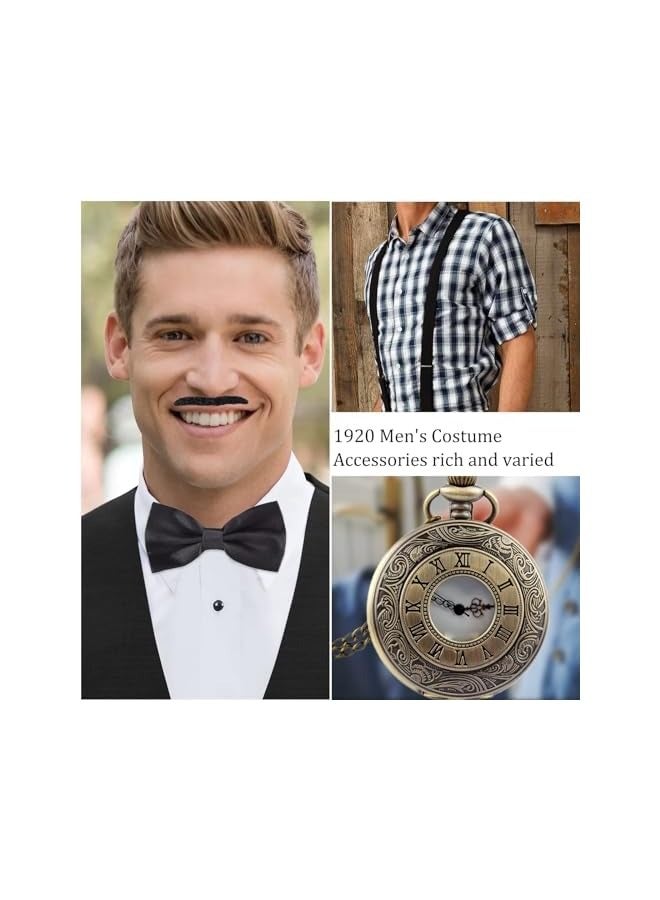 بروماس مجموعة إكسسوارات تنكرية رائعة للرجال من العشرينيات من القرن الماضي، مجموعة أزياء العصابات مجموعة أزياء رجالية قديمة مع قبعة بنما، وحمالات مرنة، وربطة عنق كلاسيكية، وساعة جيب، وشوارب - Image 5