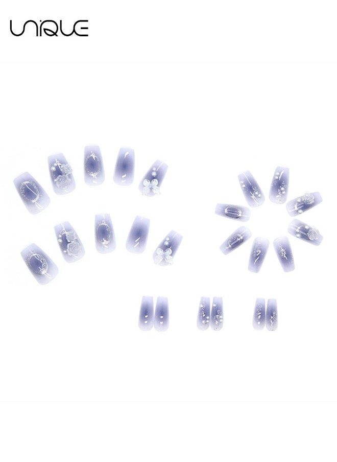 Unique 24Pcs Fake Nails, Press Nails, Mid-length Ballet Manicure - Butterfly Flower Pearl Manicure - Blue Gradient Aurora Nail Art - Fake Nail Patch  - Image 3