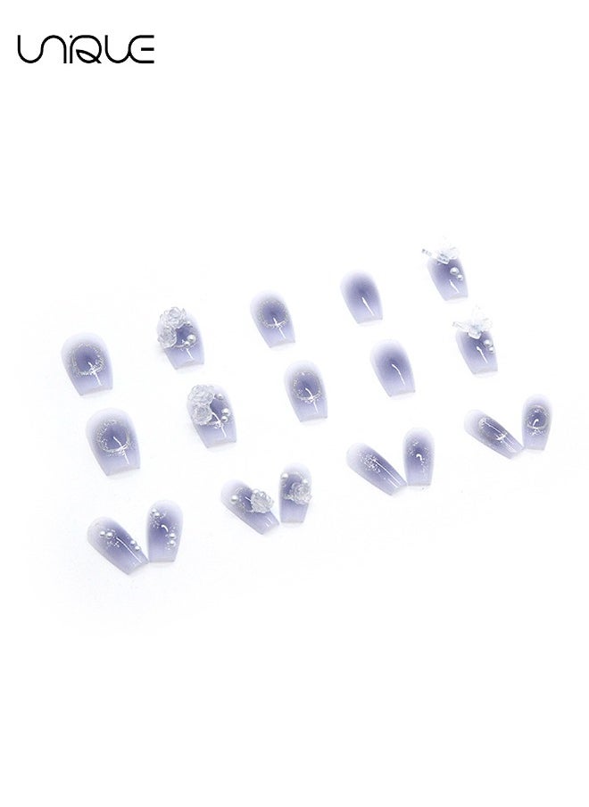 Unique 24Pcs Fake Nails, Press Nails, Mid-length Ballet Manicure - Butterfly Flower Pearl Manicure - Blue Gradient Aurora Nail Art - Fake Nail Patch  - Image 4