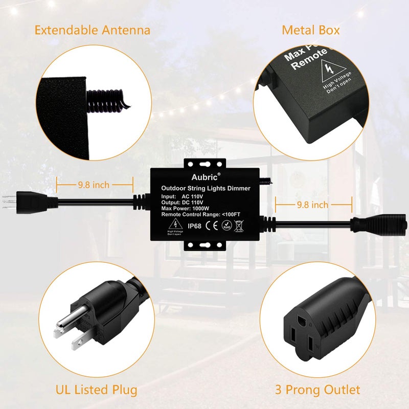 Aubric Outdoor Dimmer Switch for String Lights, 1000W Max Power IP68 Waterproof Wireless RF Remote Control Timer Switch, 3 Prong Outlet Plug-in Dimmer for Dimmable LED String Lights Patio Lights - Image 2