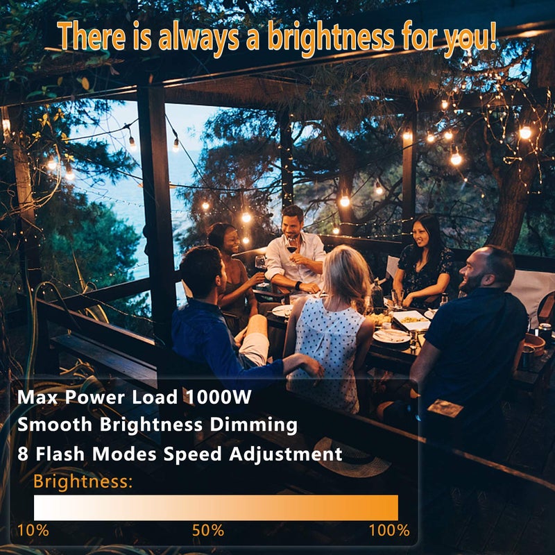 Aubric Outdoor Dimmer Switch for String Lights, 1000W Max Power IP68 Waterproof Wireless RF Remote Control Timer Switch, 3 Prong Outlet Plug-in Dimmer for Dimmable LED String Lights Patio Lights - Image 3