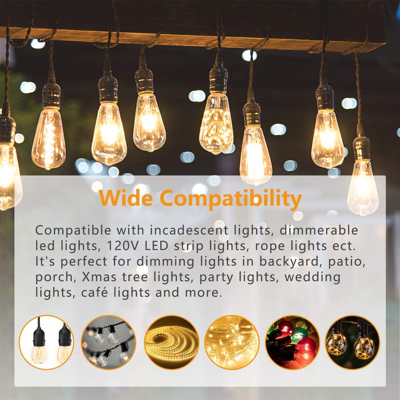 Aubric Outdoor Dimmer Switch for String Lights, 1000W Max Power IP68 Waterproof Wireless RF Remote Control Timer Switch, 3 Prong Outlet Plug-in Dimmer for Dimmable LED String Lights Patio Lights - Image 5