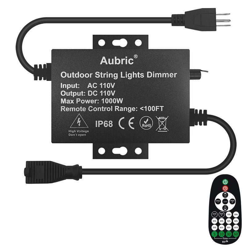 Aubric Outdoor Dimmer Switch for String Lights, 1000W Max Power IP68 Waterproof Wireless RF Remote Control Timer Switch, 3 Prong Outlet Plug-in Dimmer for Dimmable LED String Lights Patio Lights - Image 1