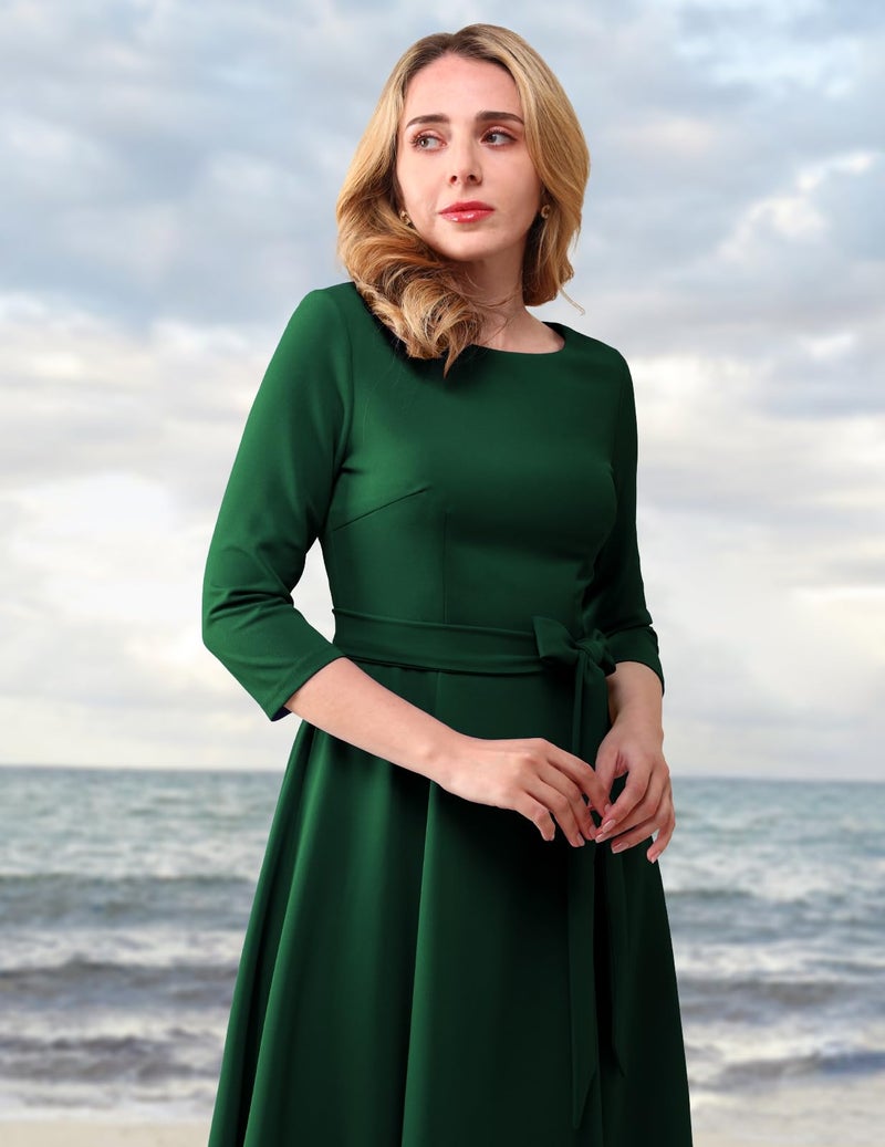 DRESSTELLS Cocktail Dresses for Women, Formal Wedding Guest Party Tea Dress, Mother of Bride Evening Gala Prom Modest 3/4 Long Sleeve Fit Flare, 2026 Summer, Emerald Dark Green S - Image 2