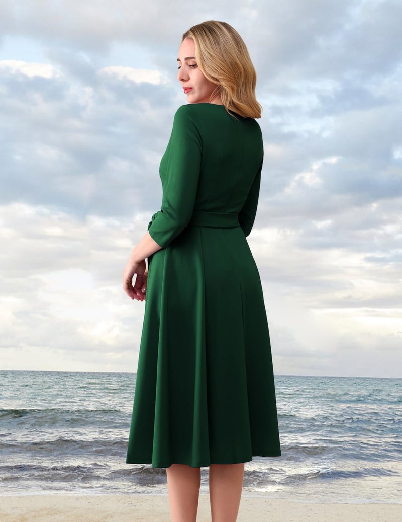 DRESSTELLS Cocktail Dresses for Women, Formal Wedding Guest Party Tea Dress, Mother of Bride Evening Gala Prom Modest 3/4 Long Sleeve Fit Flare, 2026 Summer, Emerald Dark Green S - Image 4