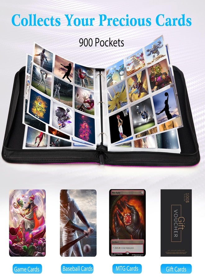 WOT I Trading Card Binder, 900 Pockets Baseball Card Binder Sleeves with Zipper, Double Sided Pockets Card Holder Carry Card Case for Baseball Card, Football Card(Pink), WO-CB-9-9 - Image 4
