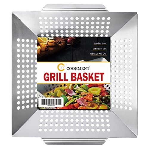 JY COOKMENT Grill Basket- Stainless Steel Grilling Basket for Indoor and Outdoor Use, Heavy Duty Vegetables Grill Basket for Veggies and Kabob, Suitable for All Grills, Dishwasher Safe - Image 1