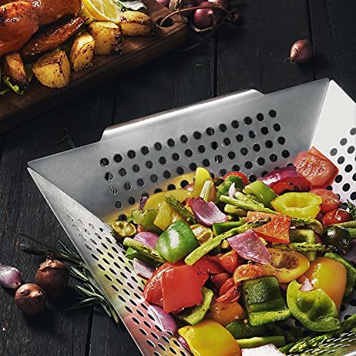 JY COOKMENT Grill Basket- Stainless Steel Grilling Basket for Indoor and Outdoor Use, Heavy Duty Vegetables Grill Basket for Veggies and Kabob, Suitable for All Grills, Dishwasher Safe - Image 2