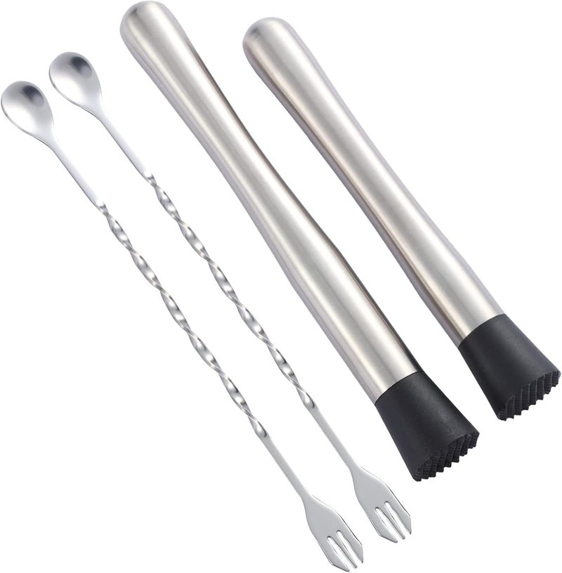 Fpxnb 10 inch & 8 inch Stainless Steel Cocktail Muddler with 2 Mixing Spoon, Home Bar Tool Set, for Making & Creating Delicious Mojitos, & Other Fruit Based Drinks & Beverages in Various Containers - Image 1