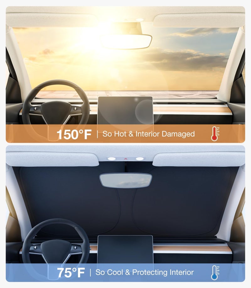 Wigoo 2025 Tesla New Model Y Accessories Windshield Sunshade [OEM Design, 100% Sun Blockage] Foldable Heat Insulation Sunshade with Storage Bag, for Model Y 2016~2026 (Juniper), Silver Coating - Image 2